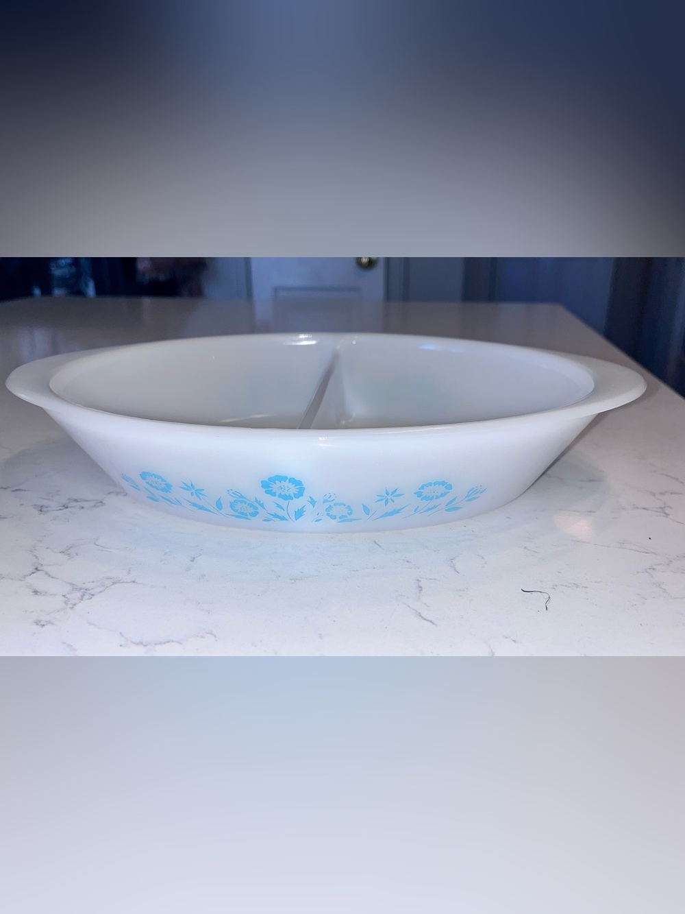 Vintage Glasbake Maid of Honor blue J 2352 oval divided serving dish milk glass